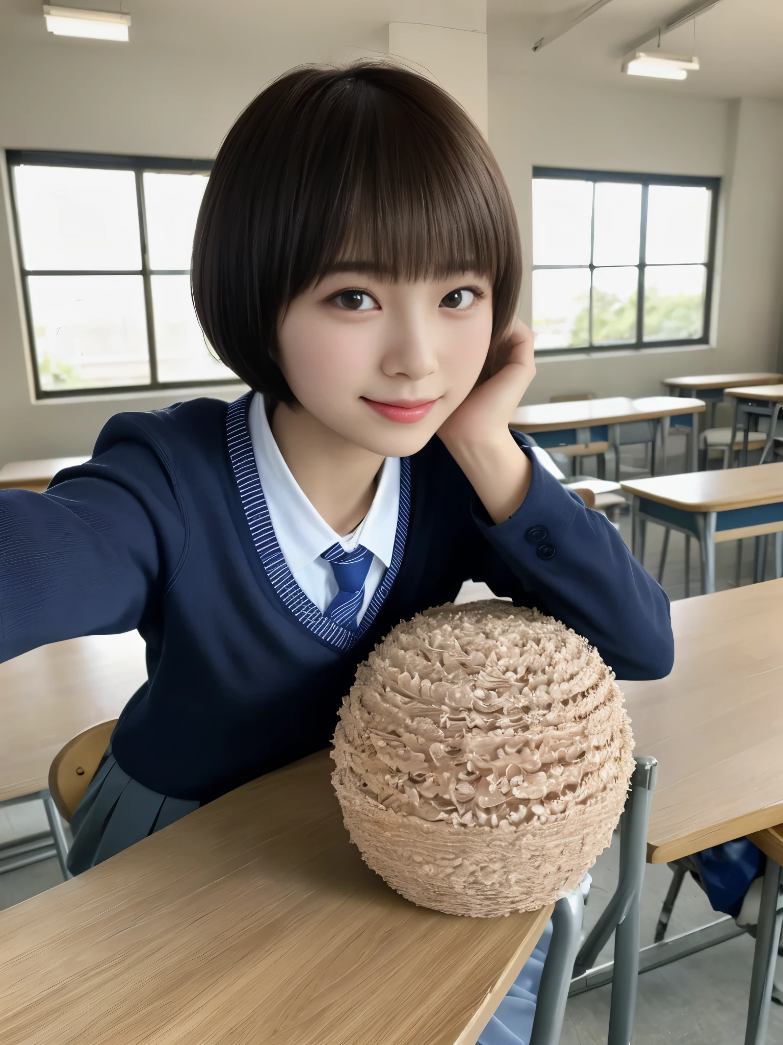 top-quality,masterpiece,Raw photography,8K,Top image quality,hight resolution, 18 years old Japanese female idol ,Beautuful Women,cute Japanese girls, Pretty Woman ,Beautiful face in every detail, ,small head, seductive smile ,Realistic human skin, pale skin ,cut model , Short hair ,bowl cut ,skinny body , school uniform , leaning forward ,school uniform, look at viewer, face focus , face closeup ,selfie , classroom