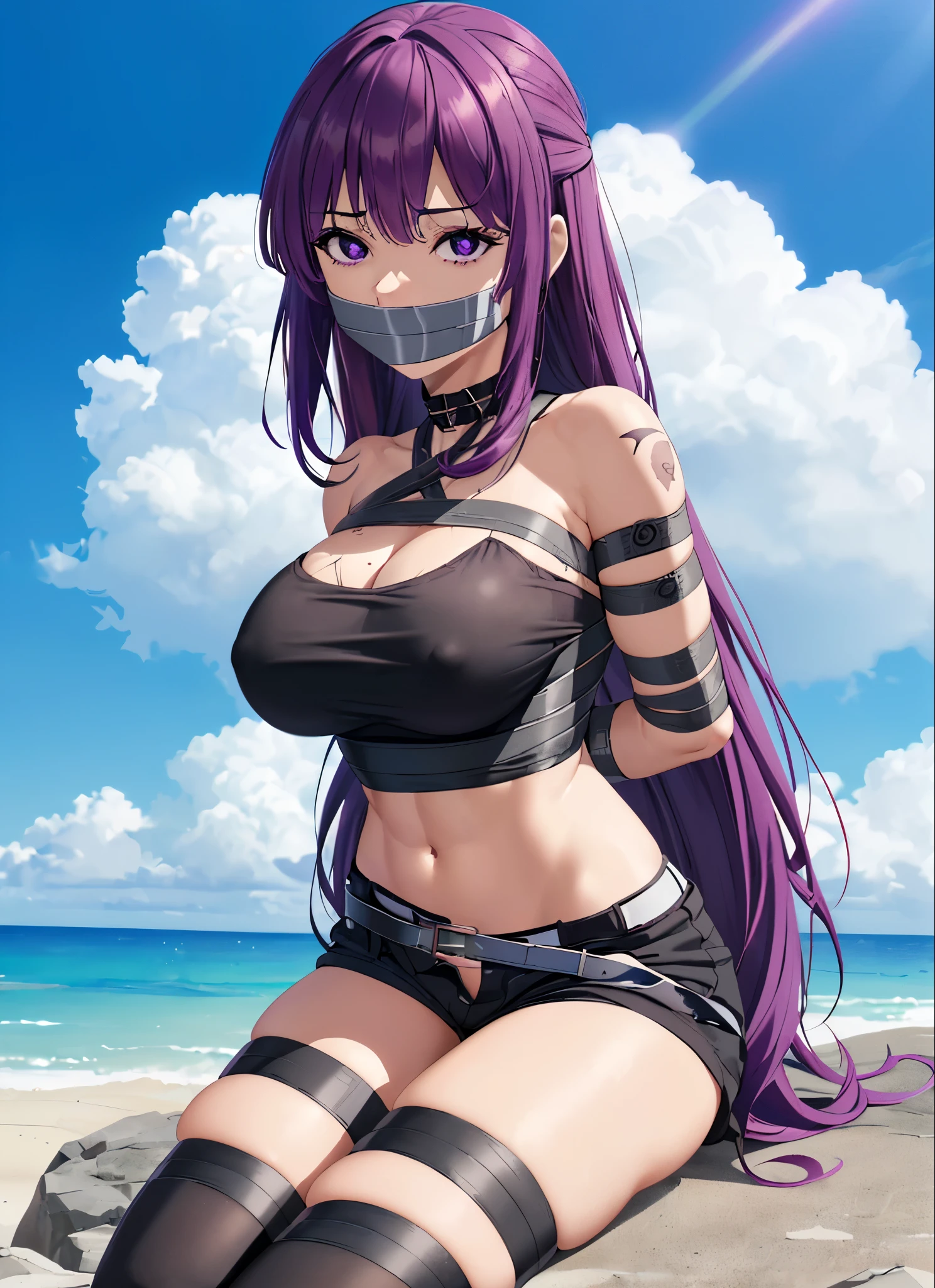 purple hair,purple eyes,(absurdres, 8k, 4k, masterpiece, hyper extreme detailed:1.2), solo, 1girl, front view, perfect face, 1girl, portrait, expressive eyes, looking at viewer, solo, standing, Female, toned body, mature female, large breasts, pale, , long hair, swept bangs, athletic body, stoic, windy hair, moving hair, moving clothes, Shorts, black shirt, , Military, battle worn, scars, messy hair, smile, happy, heroic, perfect anatomy, friendly, heroism, blue sky, sun, clouds, muscular, half body, bound, bondage, (arms behind back:1.4), (bdsm, tape gag, tape, tape bondage, restrained, best anatomy, tape wrapped, wrap gag, tightly bound, tape wrapped around face, tape above breasts, tape below breasts, sitting down, tape gag, long hair, tape between breasts, taped forearms, taped elbows, taped abdomen, taped nose, taped between arms, black t-shirt, sleeveless)