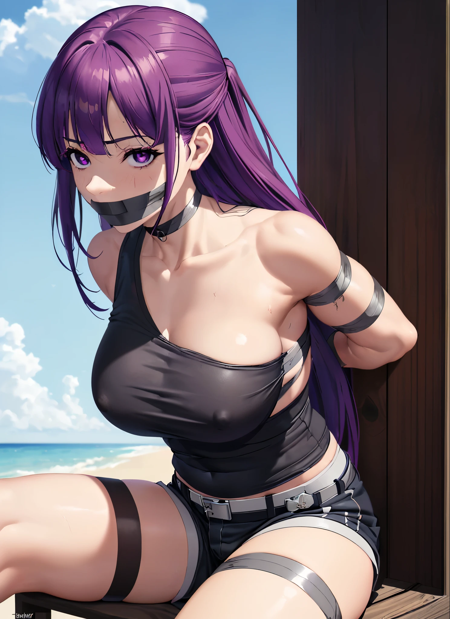 purple hair,purple eyes,(absurdres, 8k, 4k, masterpiece, hyper extreme detailed:1.2), solo, 1girl, front view, perfect face, 1girl, portrait, expressive eyes, looking at viewer, solo, standing, Female, toned body, mature female, large breasts, pale, , long hair, swept bangs, athletic body, stoic, windy hair, moving hair, moving clothes, Shorts, black shirt, , Military, battle worn, scars, messy hair, smile, happy, heroic, perfect anatomy, friendly, heroism, blue sky, sun, clouds, muscular, half body, bound, bondage, (arms behind back:1.4), (bdsm, tape gag, tape, tape bondage, restrained, best anatomy, tape wrapped, wrap gag, tightly bound, tape wrapped around face, tape above breasts, tape below breasts, sitting down, tape gag, long hair, tape between breasts, taped forearms, taped elbows, taped abdomen, taped nose, taped between arms, black t-shirt, sleeveless)
