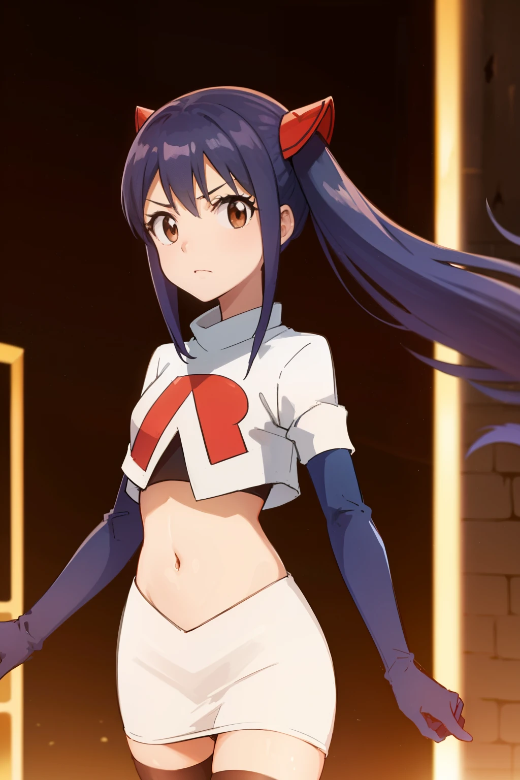 WENDY MARVELL, LONG HAIR, HAIR ORNAMENT, TWINTAILS, (BROWN EYES:1.2), BLUE HAIR, TATTOO, 1girl, solo, facing viewer, looking at viewer, team rocket uniform, red letter R, white skirt,white crop top,black thigh-highs,black elbow gloves