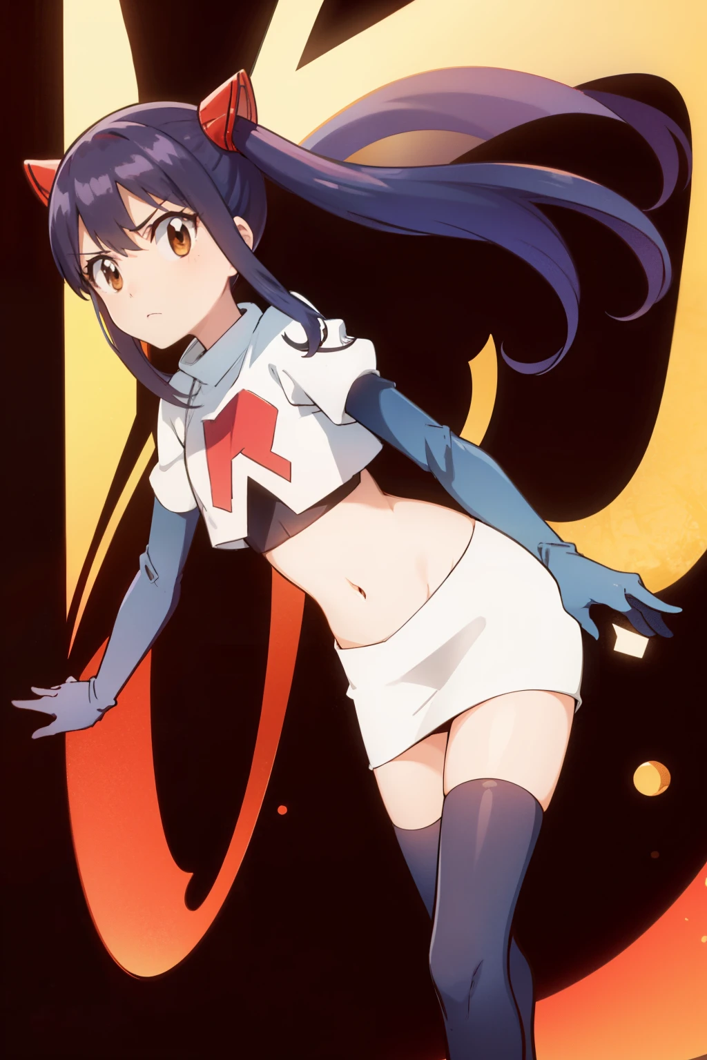 WENDY MARVELL, LONG HAIR, HAIR ORNAMENT, TWINTAILS, (BROWN EYES:1.2), BLUE HAIR, TATTOO, 1girl, solo, facing viewer, looking at viewer, team rocket uniform, red letter R, white skirt,white crop top,black thigh-highs,black elbow gloves