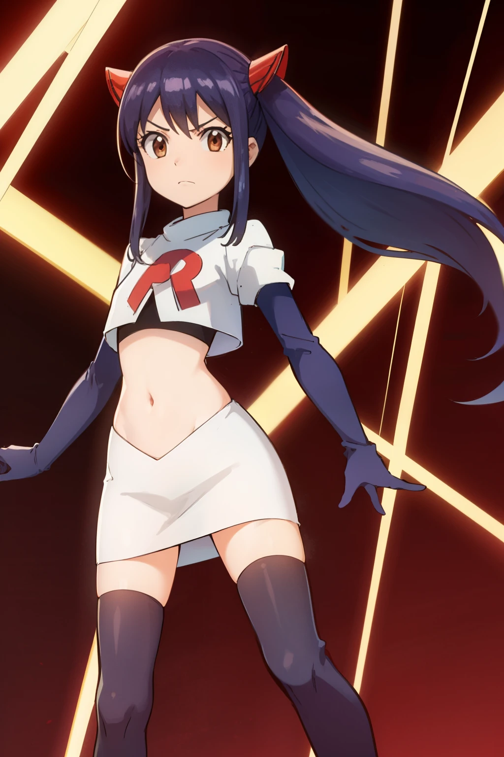 WENDY MARVELL, LONG HAIR, HAIR ORNAMENT, TWINTAILS, (BROWN EYES:1.2), BLUE HAIR, TATTOO, 1girl, solo, facing viewer, looking at viewer, team rocket uniform, red letter R, white skirt,white crop top,black thigh-highs,black elbow gloves