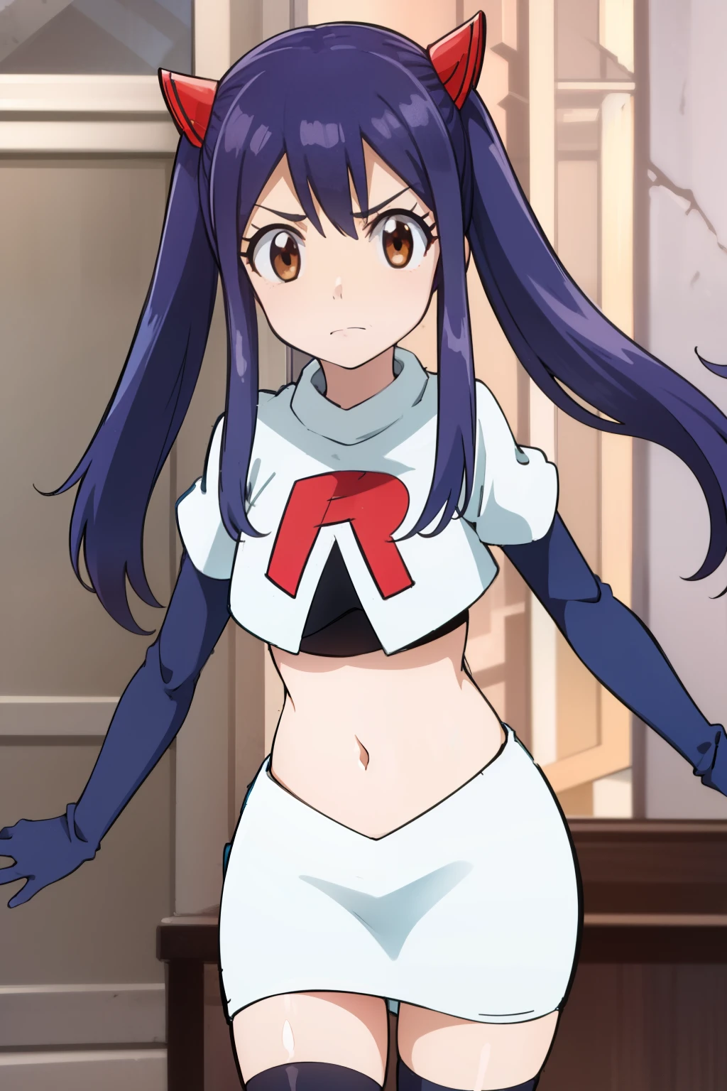 WENDY MARVELL, LONG HAIR, HAIR ORNAMENT, TWINTAILS, (BROWN EYES:1.2), BLUE HAIR, TATTOO, 1girl, solo, facing viewer, looking at viewer, team rocket uniform, red letter R, white skirt,white crop top,black thigh-highs,black elbow gloves