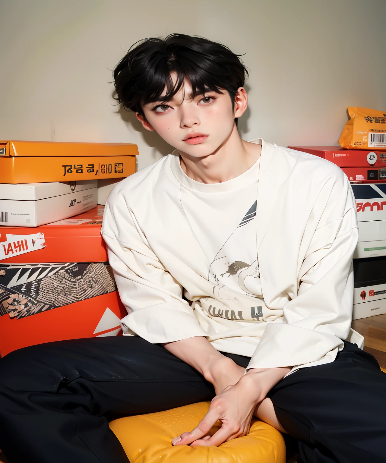Arafed man sitting on a box wearing white shirt and black pants., kim doyoung, TaeJune Kim, Jinyoung Shin, cai xukun, hyung tae, pintar ulzzang, jungkook, Colección Off - White, Jung Jaehyun, Apagado - Estilo blanco, hong junio hyung, inspirado en jeonseok lee, cuchilla del grupo de drenaje, blanquecino, kpop boy, korean face soobin, TxT Soobin, korean male face