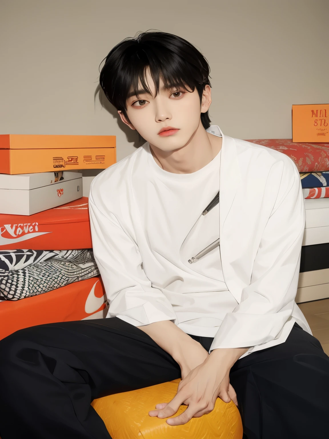 Arafed man sitting on a box wearing white shirt and black pants., kim doyoung, TaeJune Kim, Jinyoung Shin, cai xukun, hyung tae, pintar ulzzang, jungkook, Colección Off - White, Jung Jaehyun, Apagado - Estilo blanco, hong junio hyung, inspirado en jeonseok lee, cuchilla del grupo de drenaje, blanquecino, Choi soobin