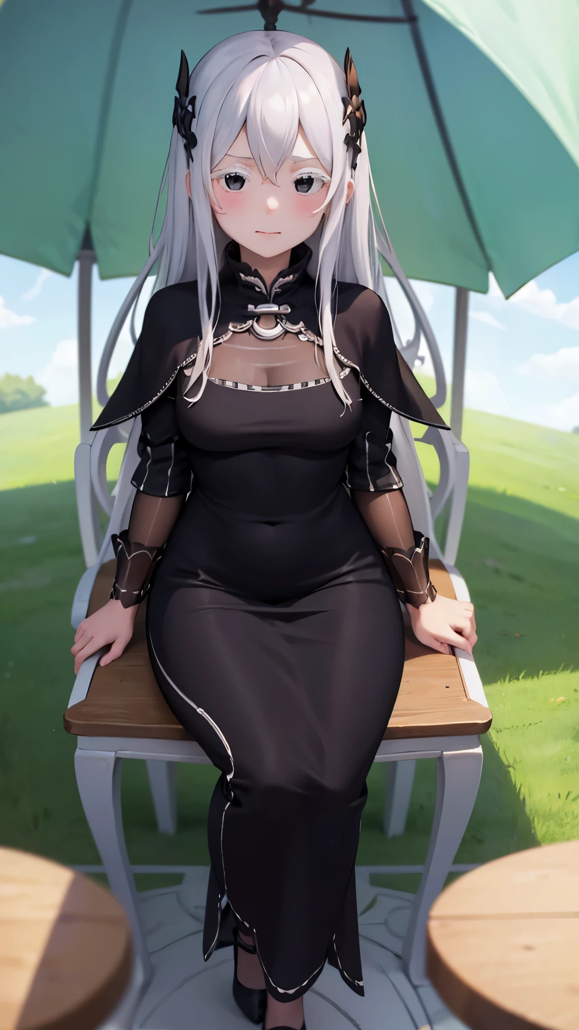 1girl, sitting at table, white hair, ((black dress)), ((hourglass figure)), (from below), grass, white table, under umbrella, crossing her legs, heels