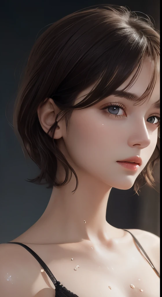 cinematic lighting、perfect、soft light、High resolution skin:1.2、realistic skin texture、30 year old mature woman、small face、no makeup、Bust B Cup、、Detailed beautiful brown eyes、wet hair、short hair、dark brown hair、cool beauty、gray background