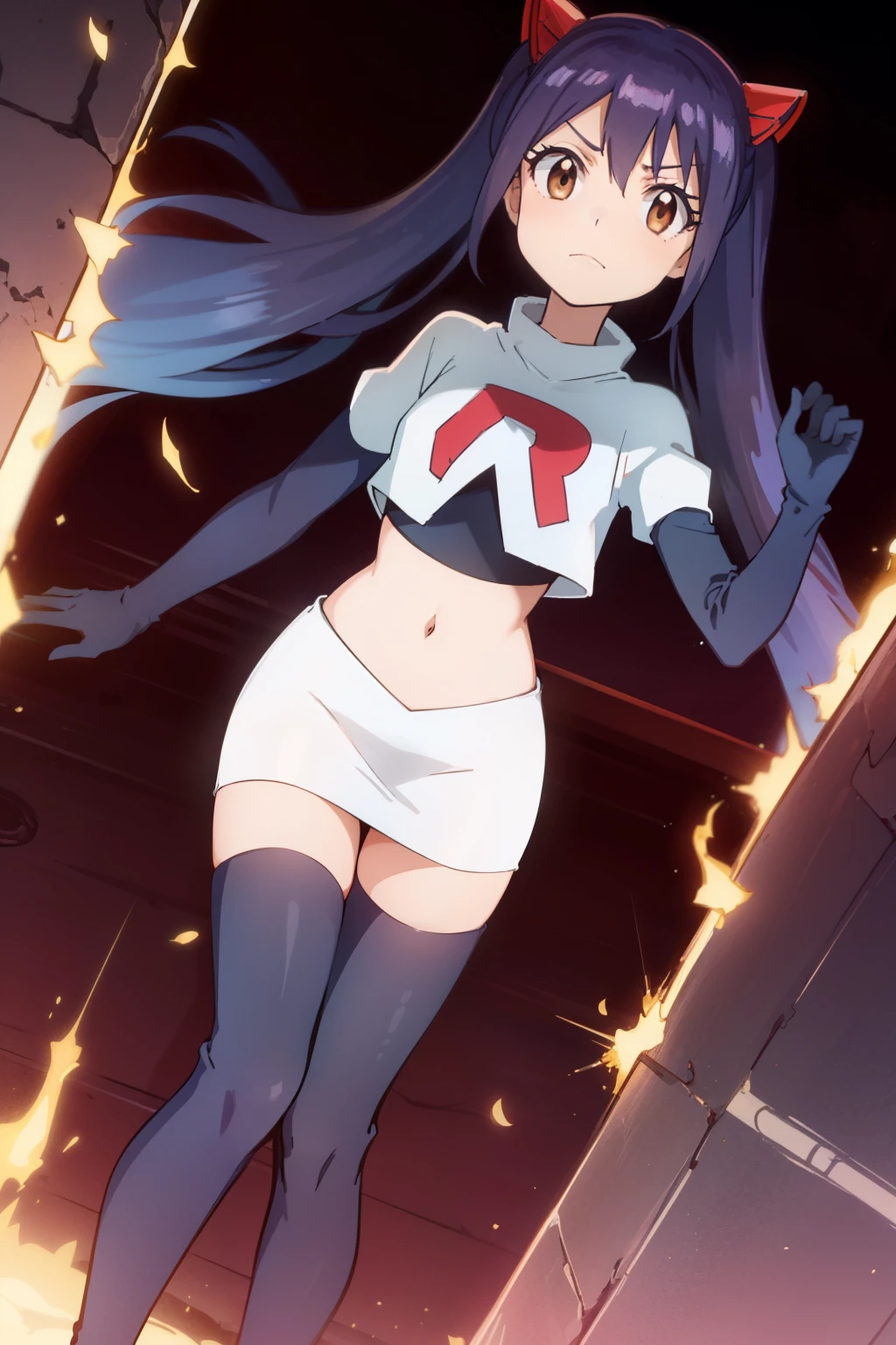 WENDY MARVELL, LONG HAIR, HAIR ORNAMENT, TWINTAILS, (BROWN EYES:1.2), BLUE HAIR, TATTOO, 1girl, solo, facing viewer, looking at viewer, team rocket uniform, red letter R, white skirt,white crop top,black thigh-highs,black elbow gloves