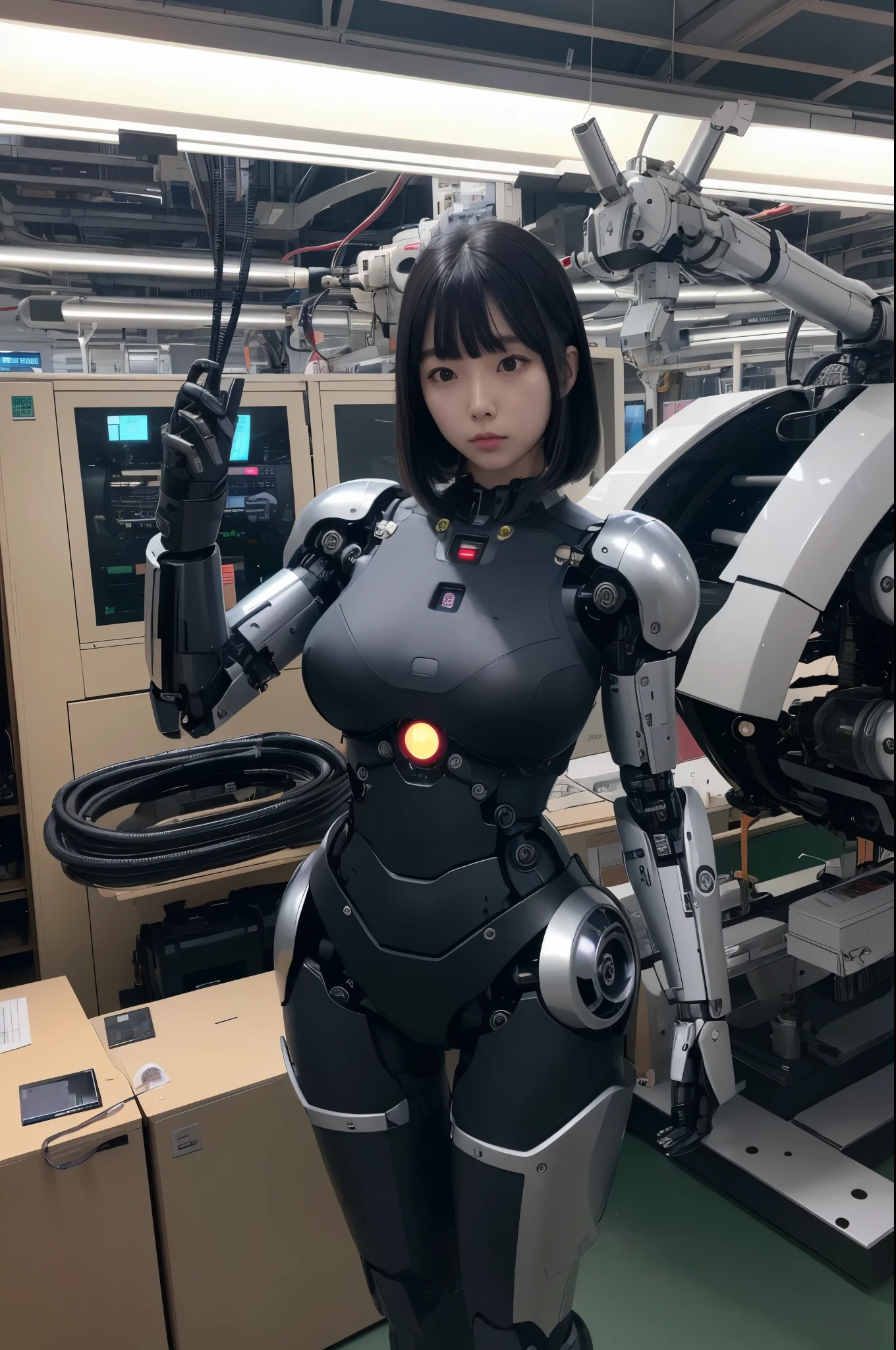 masterpiece, best quality, extremely detailed, Japaese android girl,Plump , control panels,android,Droid,Mechanical Hand, Robot arms and legs, Black hair,Blunt bangs,perfect robot girl,long tube,thick cable connected her neck,android,robot,humanoid,cyborg,japanese cyborg girl ,robot-assembly plant,She is assembled now,assembly scene,chest monitor camera eyes