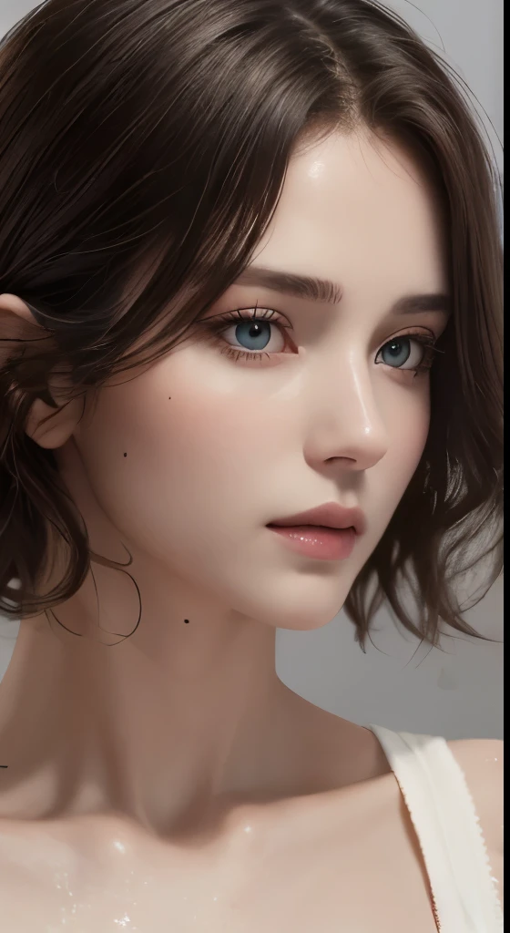 cinematic lighting、perfect、soft light、High resolution skin:1.2、realistic skin texture、30 year old mature woman、small face、no makeup、Bust B Cup、、Detailed beautiful brown eyes、wet hair、short hair、dark brown hair、cool beauty、gray background