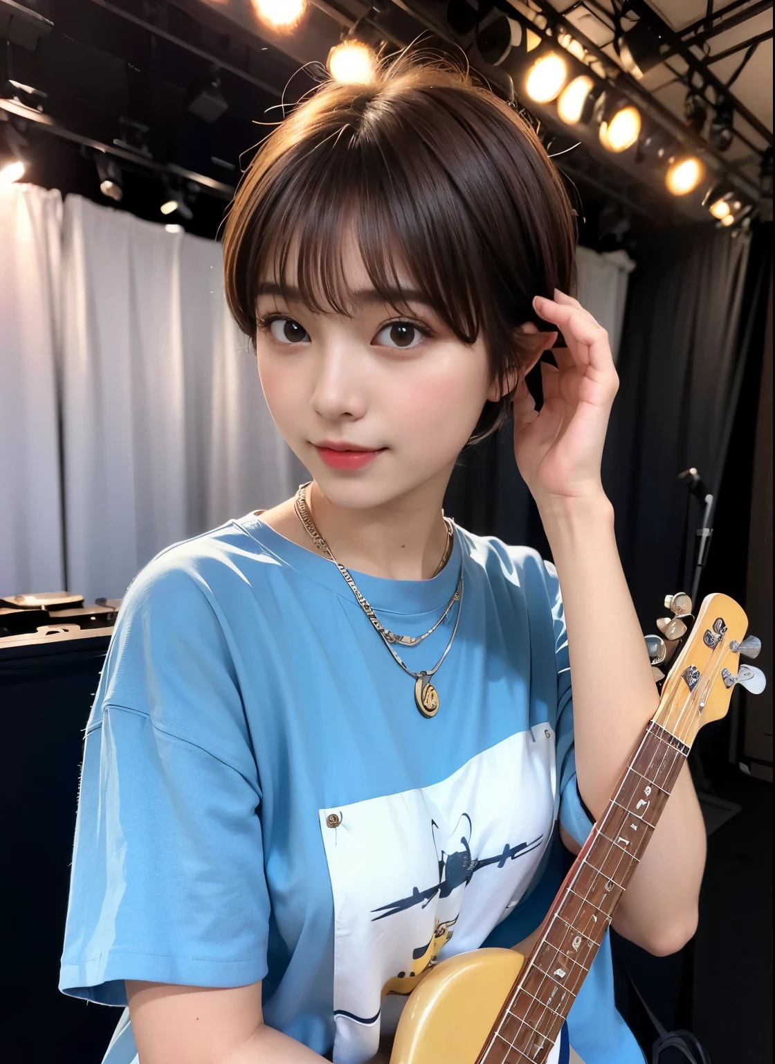 ((top-quality))、(​masterpiece:1.4)、Raw photography、8K、((Top image quality))、 ((hight resolution))、Beautiful face in every detail、Realistic human skin、Gentle expression、(One lady:1.3 )、realisitic、(rather short hair:1.4)、(Beautuful Women)、(cute Japanese girls:1.3)、(boyish:1.3)、((mannish))、((Pretty Woman))、(Beautiful hair)、((dark brown  hair))、(((Red cheeks)))、(Her eyes are big:1.3)、20-year-old beauty、(her face is small:1.3 )、small head、((long neck))、a necklace、((music festival))、(Concert T-shirt)、((On stage))、(play bass guitar)、((Happy look))、singers、Everyone admires her、rock band、(young woman admires her)、(popular person)、(Dynamism)、(Oversized clothes)、
