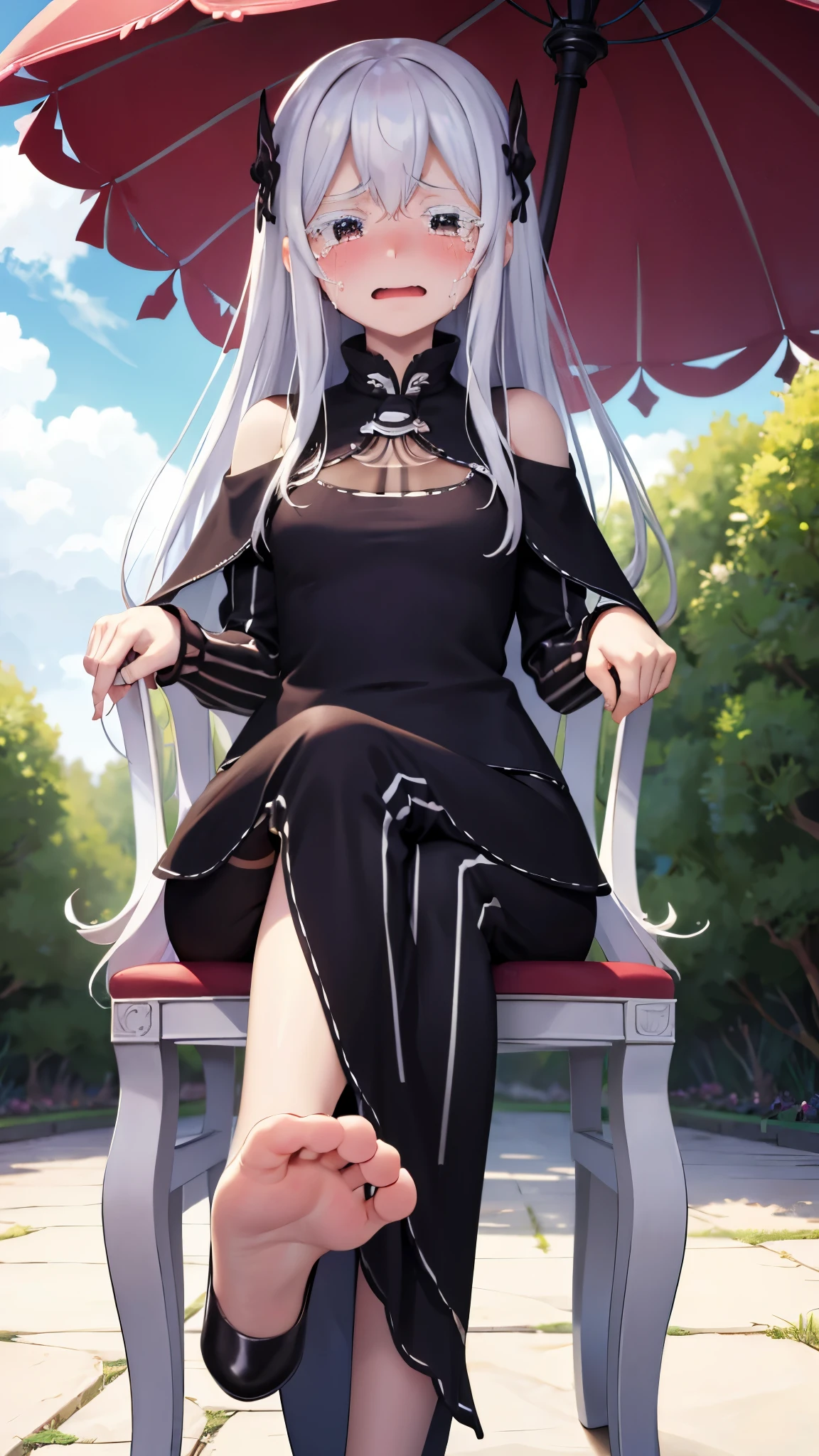 1girl, sitting at table, white hair, ((black dress)), ((hourglass figure)), (from below), grass, white table, under umbrella, crossing her legs, heels, ((crying)), ((tears)), ((feet))