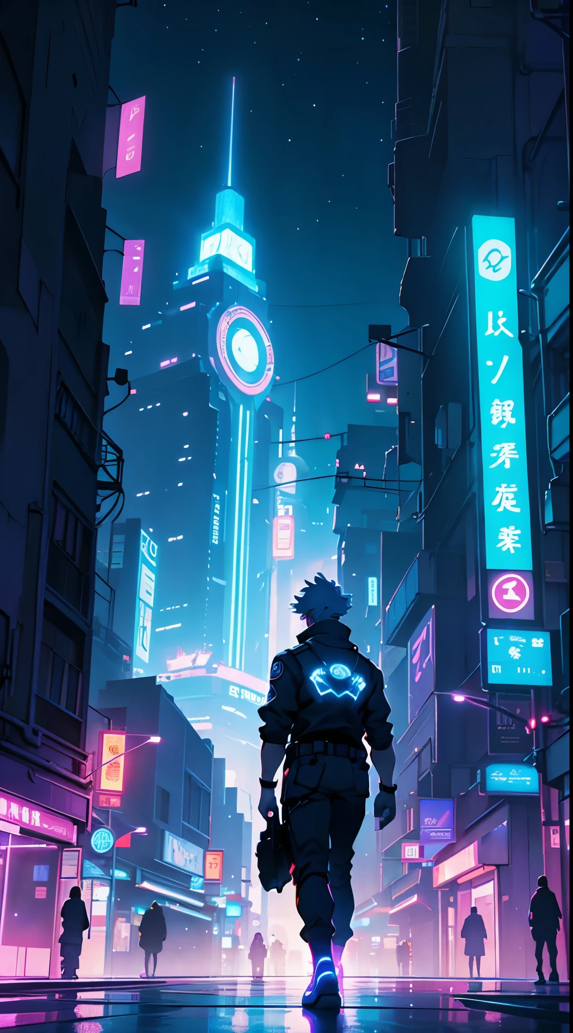 a person looking at a tall, illuminated building in a city at night. digital art, cel-shaded anime, vibrant colors, neon lighting, futuristic, fantastic atmosphere. bright lights that reflect on the surfaces around, deep shadows, starry sky, magical feeling