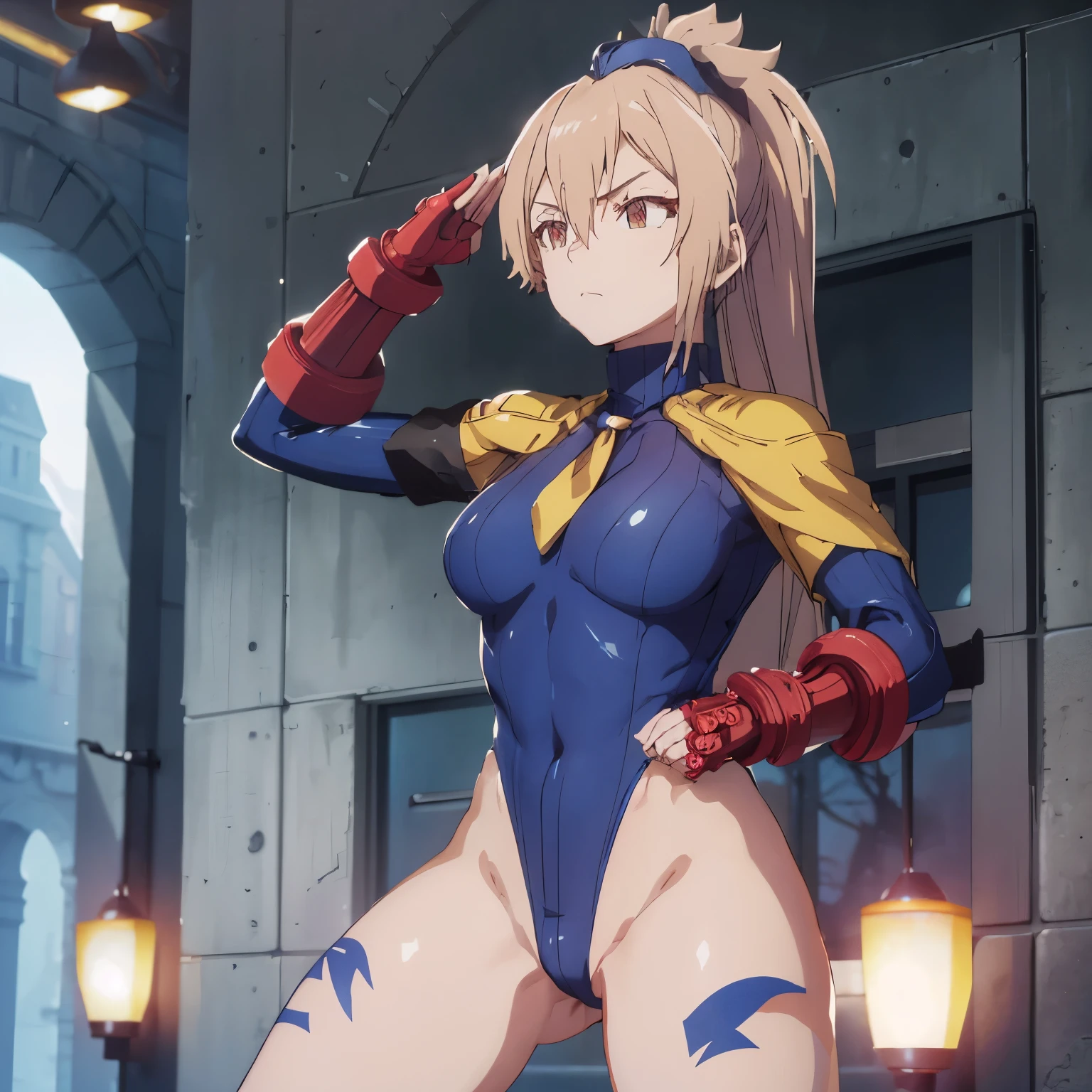 ultra-detailed, Explicit, Beautiful body, Beautiful Nose, Beautiful character design, perfect eyes, perfect face, ultra highres, 4K, beautiful legs, perfect legs, Nice hands, Perfect hand, Masterpiece, Best Quality, Highly detailed, illustration, absurdres, perfect anatomy, street fighter, doll suit, shadaloo doll, dollsuit, expressionless, blank eyes, looking at viewer, red gloves, emotionless, black latex, corrution, mind control, female combatant, full body, hypnotized, unhappy trance, full body suit, ribbed bodysuit, both arms at side, obey, perfect female body, extremely glossy latex, hypnosis, hypnoLora, empty eyes, Mind control device, poses, submissive_pose, Slave, stand up straight, standing, standing at attention, hat, necktie, belt, latex, ribbed bodysuit, thighhighs, garter belt, Fighting Stance, extending the right arm from the shoulder into the air with a straightened hand, saluting, salute, military saluting, Nazi saluting, military, thigh boots, 1girl, hair ornaments, blonde hair, long hair, amber eyes, (((pixel-perfect, detail-perfect))), solo, 1girl, menou, capelet, ponytail