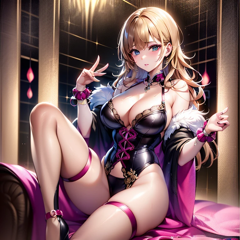 ((Raw photo、highest quality、High resolution、nffsw、highest quality、precision processing、Portrait、3D、pureerosface_v1:0.7、light particle filter on background、ray tracing、)、((( Shiny dark pink corset、Dark red BDSM outfit、Bold、１Girl of Man,Fishnet tights、bondage、))))((((blonde hair wavy hair、cleavage emphasis、big breasts:4.0、thin legs、blue eyes、Detailed depiction of limbs、small nose、attractive body、No sleeve、I&#39;m holding your hand、high heels、18-year-old、Very pretty girl、Number of fingers５Book、beautiful feet、足は2Book、Condescending to the audience、))))、stand and cross your legs、