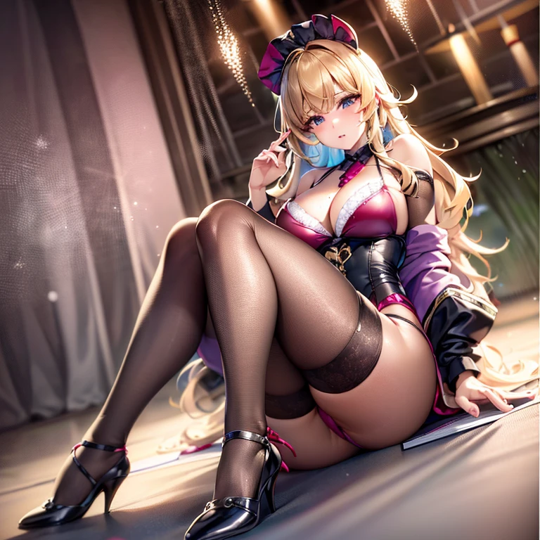 ((Raw photo、highest quality、High resolution、nffsw、highest quality、precision processing、Portrait、3D、pureerosface_v1:0.7、light particle filter on background、ray tracing、)、((( Shiny dark pink corset、Dark red BDSM outfit、Bold、１Girl of Man,Fishnet tights、bondage、))))((((blonde hair wavy hair、cleavage emphasis、big breasts:4.0、thin legs、blue eyes、Detailed depiction of limbs、small nose、attractive body、No sleeve、I&#39;m holding your hand、high heels、18-year-old、Very pretty girl、Number of fingers５Book、beautiful feet、足は2Book、Condescending to the audience、))))、stand and cross your legs、