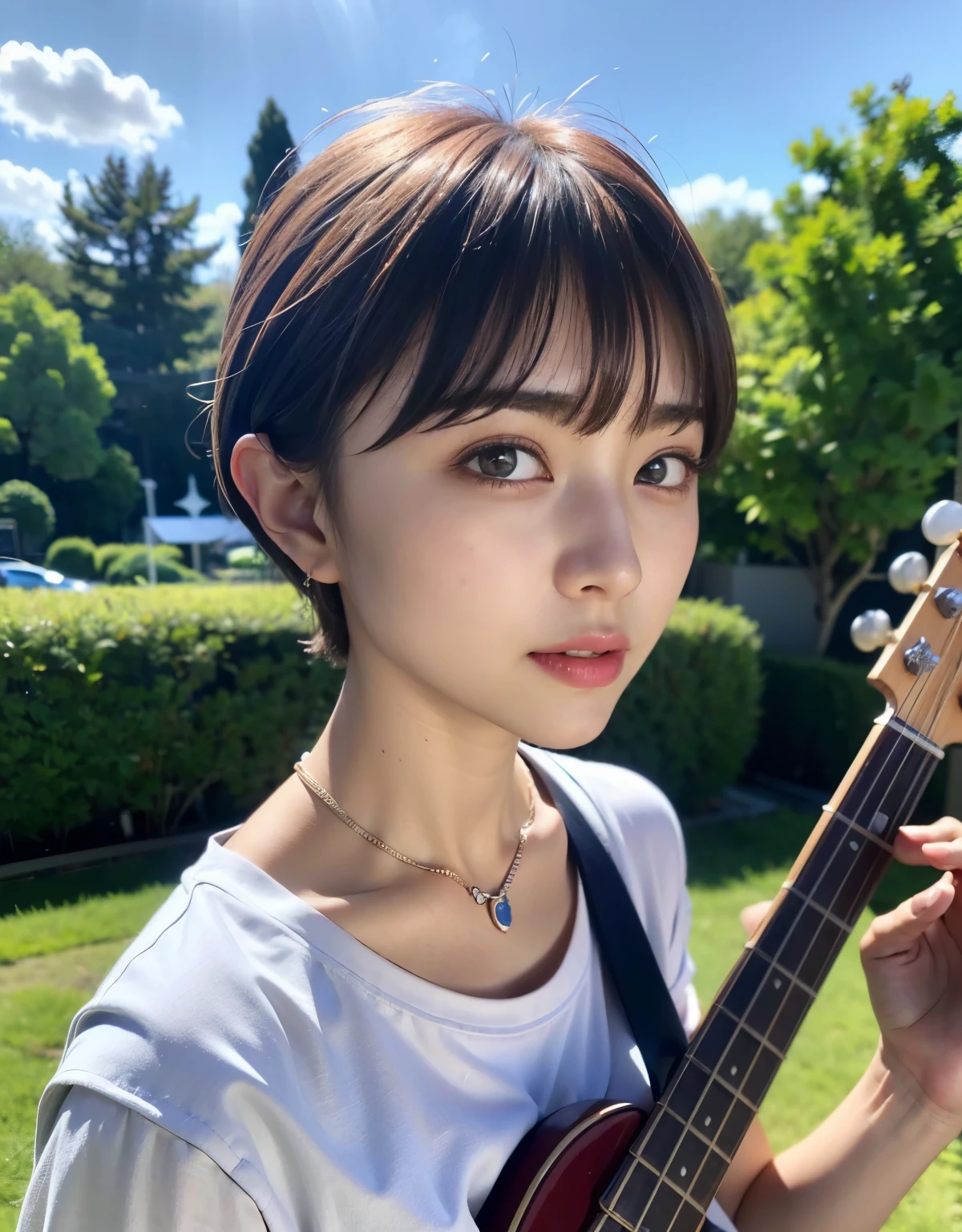 ((highest quality))、(Masseter muscle part:1.4)、Raw photo、8K、((best image quality))、 ((Super high resolution))、Beautiful face in every detail、realistic human skin、gentle expression、(one woman:1.3 )、realistic、Photoreal、(short hair:1.4)、(Beautiful woman)、エクストラベリーshort hair、(Cute Japan Girls)、((Beautiful woman))、(beautiful hair)、(((red cheeks)))、((Big eyes))、20 year old beauty、(face becomes smaller:1.5)、small head、((long neck))、(concert t-shirt)、white skin、spotless skin、With bangs、everyone admires、日本のBeautiful womanモデル、8 heads tall、(necklace)、((music festival))、((Bass guitar))、blue sky、look at the camera、singer、Everyone admires her、(on stage).