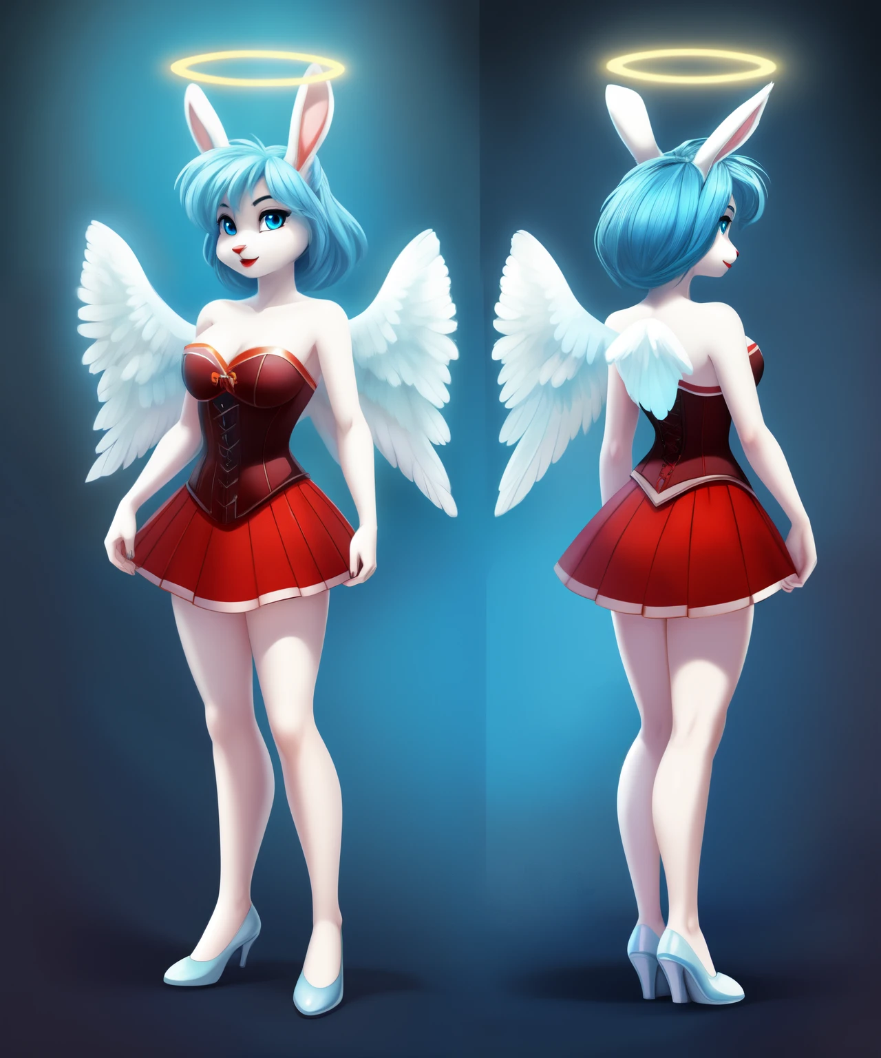 Andromeda the female angelic anthro rabbit, aquamarine eyes, red lipstick, halo, white soft wings, red corset, red skirt, light cyan bun hair, , teenager, Disney cartoon, full body concept art