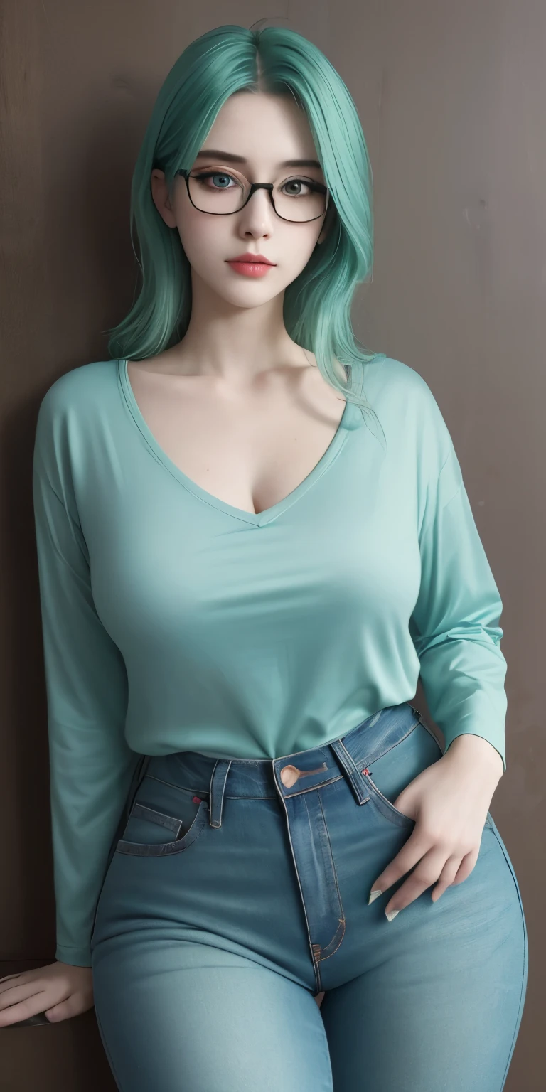 Masterpiece, best quality, 1girl, solo, 23 years old, adult, teal and green hair, aqua eyes, voluptuous, toned, 167cm, pale skin, glasses, seductive expression, olive green tshirt v neck, jeans,