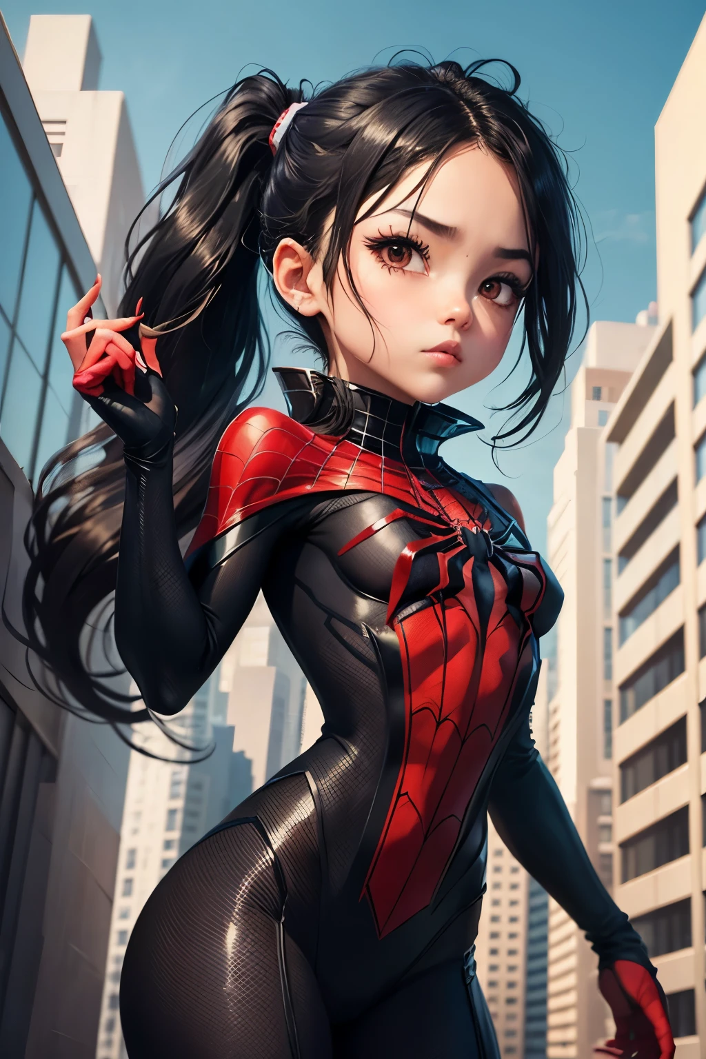  man　spider woman　black hair　Between Buildings　over the sky　ponytail　eye mask　shoots spider thread from hand