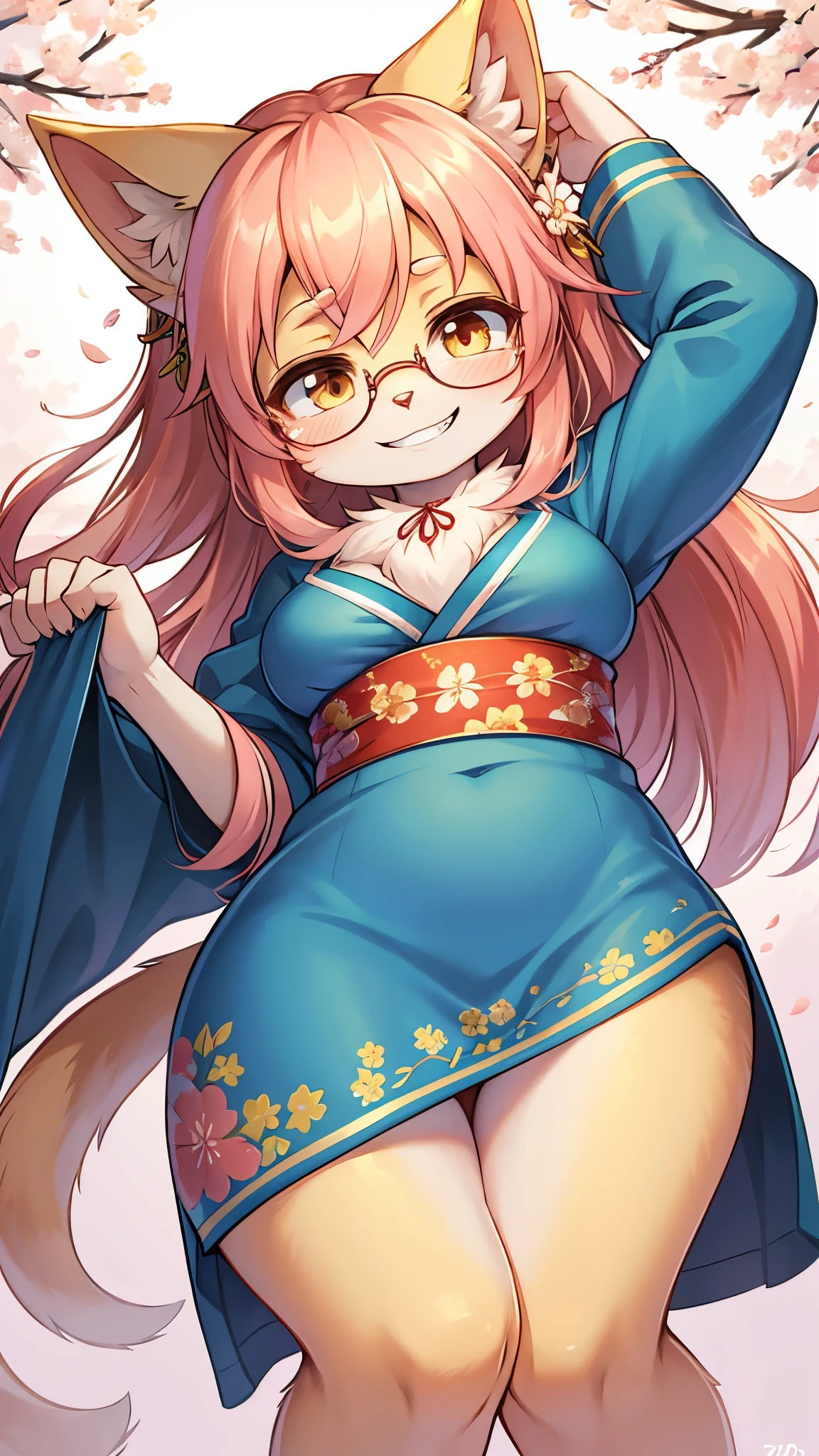 cat girl,yellow long hair,wavy hair,hair ornament,glasses,grin,close eye,looking at viewer,blue kimono with floral embroidery,neck fur,sakura garden background,sakura petal in the air,bend down,low angle