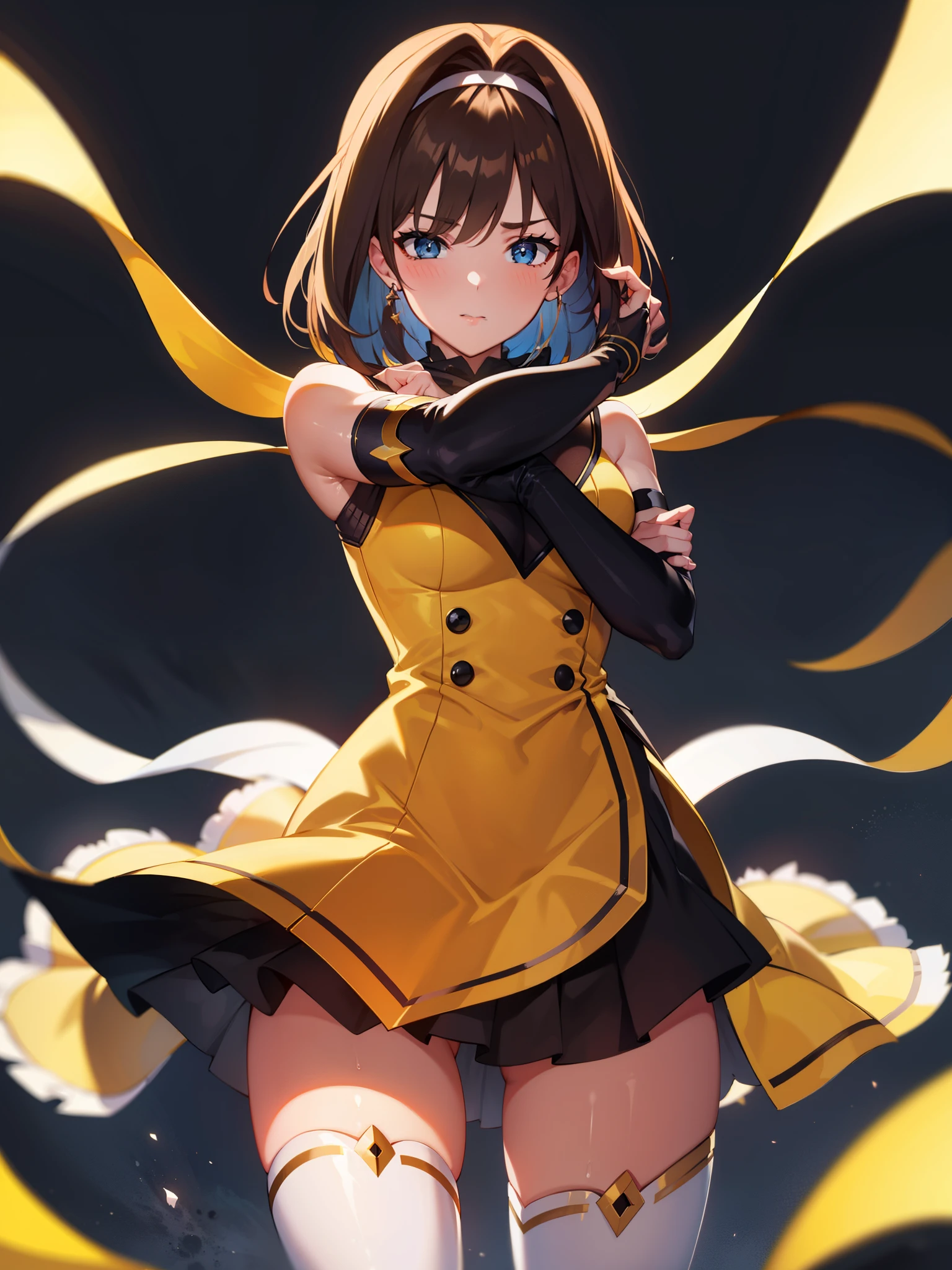 (ultra extreme details),(masterpeace),(hyper extreme),(Photorealistic),CG,(colours:1.2), Beautiful lighting,Light from the front, Solo,takamori_Haruka,Blue eyes,Brown hair,shairband,Yellow dress, white thighhighs, leotard, Black split sleeves, bare legs