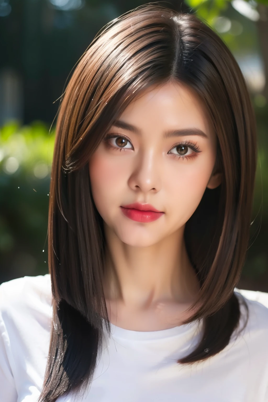((top quality, 8k, masterpiece: 1.3)), sharp: 1.2, perfect body shape: 1.4, slim abs: 1.2, ((layered hairstyle, split: 1.2)), (t-shirt: 1.3), outdoor: 1.2, wet: 1.1, Highly detailed facial and skin textures, delicate eyes, double eyelids, Happy face: 1.2, 18 years old, Dinner details:1.2 , natural lips, Facing Asia:1, Light:1.1, work:1, whole body, Red lips :1