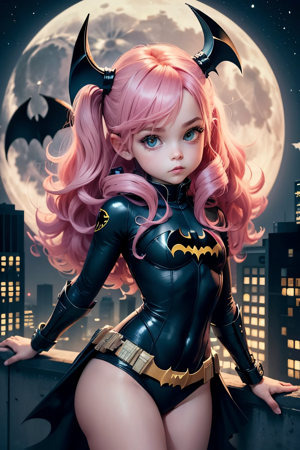  man　batgirl　pinkhair　Batman Costume　wavy hair　Buildings at night　full moon