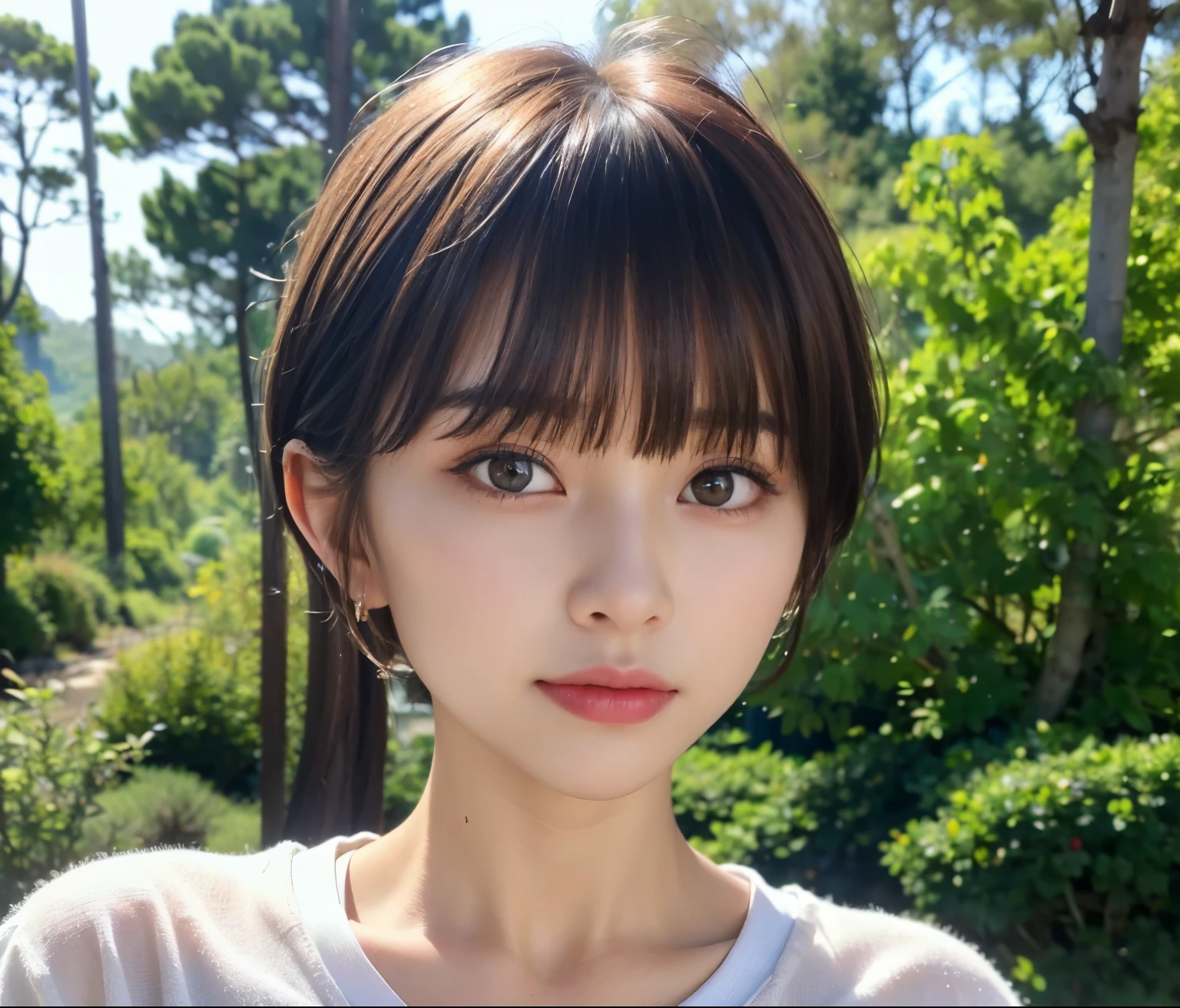 ((top-quality)),(​masterpiece:1.4),Raw photography,8K,((Top image quality)), ((hight resolution))、Beautiful face in every detail,Realistic human skin,Gentle expression,(One lady:1.3 ),realisitic,(rather short hair:1.4),(Beautuful Women:1.3),(She looks like a cute Japanese girl)),(mannish),((Pretty Woman)),(Beautiful hair),((dark brown  hair)),(((Red cheeks))),(Her eyes are big:1.3),20-year-old beauty,(her face  small:1.3 ),small head,((long neck)),pale skin,Spot-free skin,With bangs,Everyone longs for,japanese beautiful woman,((eight heads high)),(T-shirt),smil,(Oversized clothes:1.3),leaning forward, solo, in the forest, heavy rain, Sweat , wet