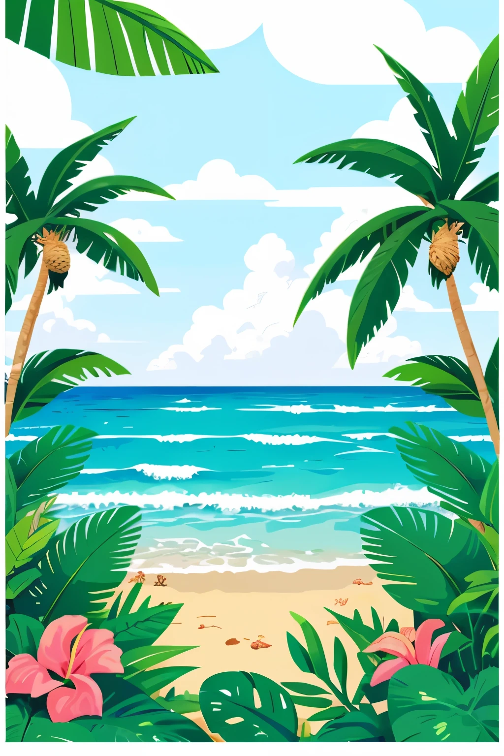 tropical landscape, near by sea, illustration, sunny day, summer, outline only
