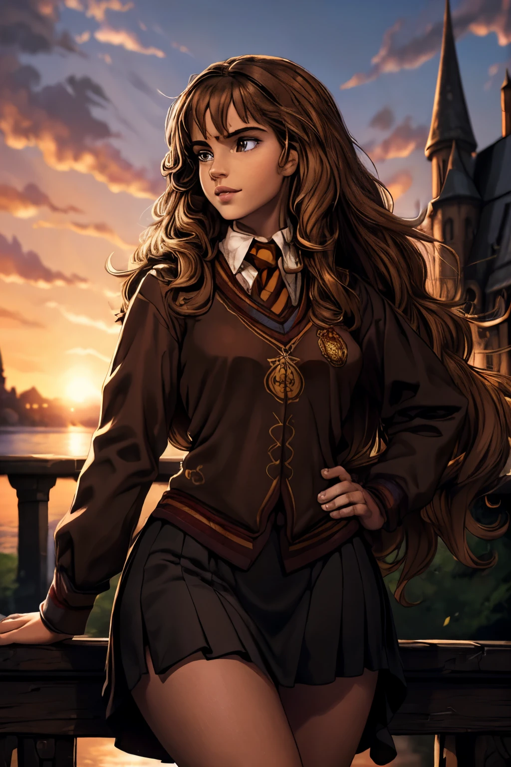 ((ultra quality)), ((masterpiece)), Hermione Granger, Harry Potter, An Epic Picture, ((brown-haired long hair)), (Beautiful face), (beautiful female lips), (), charming, (), looks at the camera, eyes slightly open, (skin color white), (White skin), glare on the body, ((detailed beautiful female eyes)), (eye color - brown), (juicy female lips), (dark eyeliner), (beautiful female hands), ((ideal female figure)), ideal female body, (), beautiful waist, gorgeous thighs, beautiful medium breasts, ((subtle and beautiful)), A seductive stance (), (dressed in Hogwarts school uniform) background: bridge on Hogwarts grounds, Beautiful sunset, ((depth of field)), ((high quality clear image)), (clear details), ((high detail)), realistically, professional photo session, ((Clear Focus)).