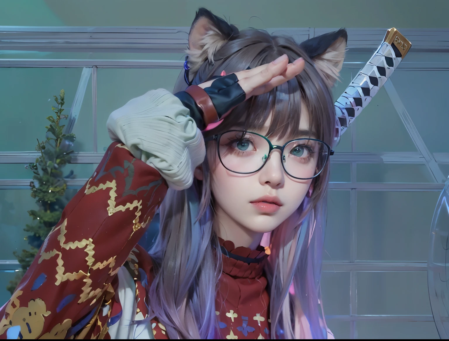 (巨作),estilo dos desenhos animados,ultra high-detail,Dressed in an elaborate school uniform,(Short ear-length hair:1.2),Large pale gray eyes,(Brown hair color+Pale pink rimmed glasses+Light green card issue:1.4),Detailed depiction snap detail,The camera tilts slightly behind the character,Light dusk,Candy tones,Circular garland detail on top of figure,Look up into the distance,Campus buildings depicted in detail behind it。detail perfect anatomy human body (hand, finger), katana handle in the back her body