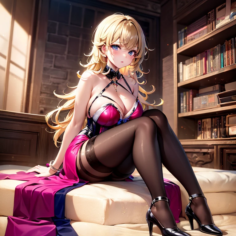 ((Raw photo、highest quality、High resolution、nffsw、highest quality、precision processing、Portrait、3D、pureerosface_v1:0.7、light particle filter on background、ray tracing、)、((( Shiny dark pink corset、Dark red BDSM outfit、Bold、１Girl of Man,Fishnet tights、bondage、))))((((blonde hair wavy hair、cleavage emphasis、big breasts:4.0、thin legs、blue eyes、Detailed depiction of limbs、small nose、attractive body、No sleeve、I&#39;m holding your hand、high heels、18-year-old、Very pretty girl、Number of fingers５Book、beautiful feet、足は2Book、Condescending to the audience、))))、stand and cross your legs、