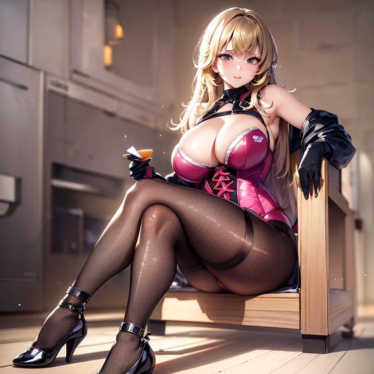 ((Raw photo、highest quality、High resolution、nffsw、highest quality、precision processing、Portrait、3D、pureerosface_v1:0.7、light particle filter on background、ray tracing、)、((( Shiny dark pink corset、Dark red BDSM outfit、Bold、１Girl of Man,Fishnet tights、bondage、))))((((blonde hair wavy hair、cleavage emphasis、big breasts:4.0、thin legs、blue eyes、Detailed depiction of limbs、small nose、attractive body、No sleeve、I&#39;m holding your hand、high heels、18-year-old、Very pretty girl、Number of fingers５Book、beautiful feet、足は2Book、Condescending to the audience、))))、stand and cross your legs、