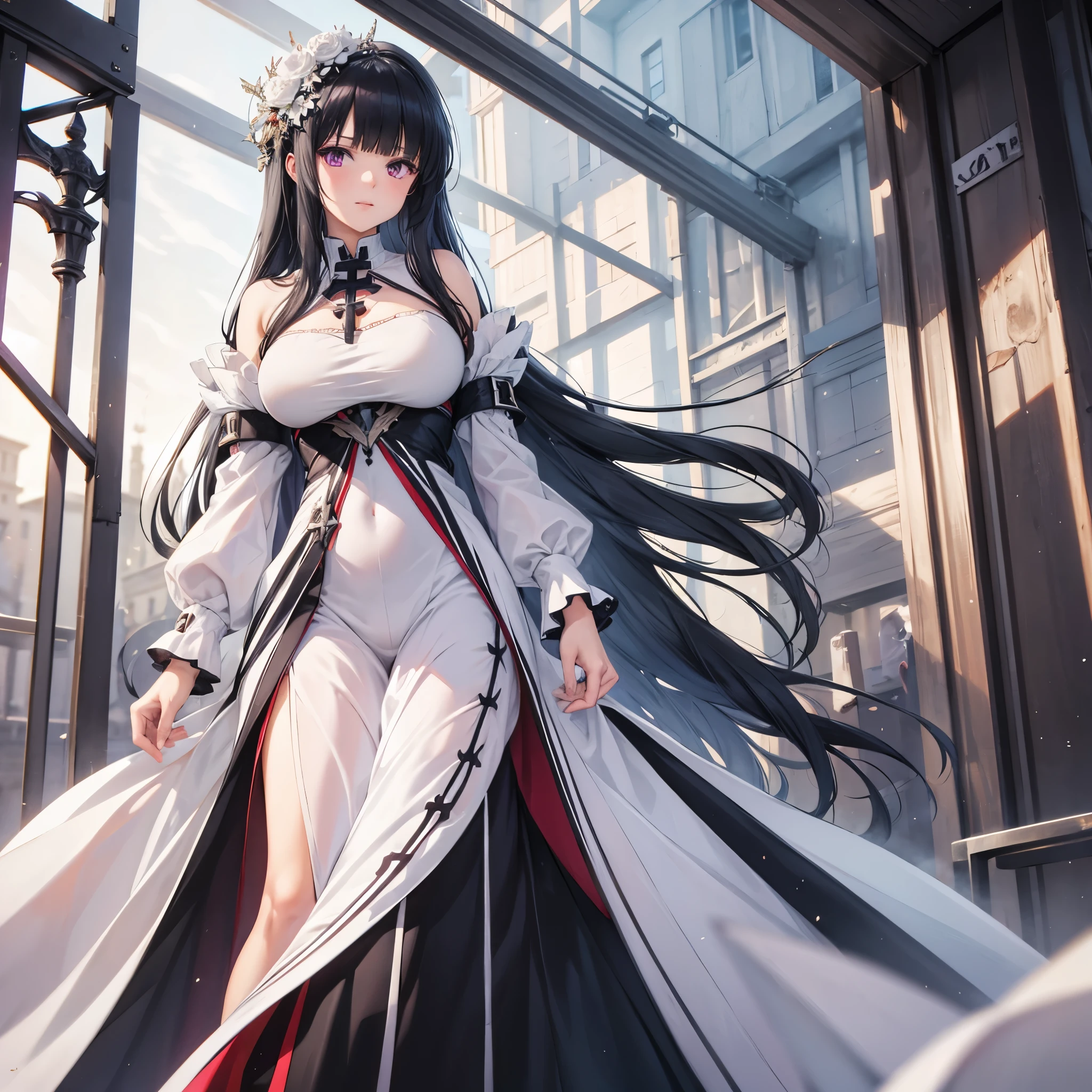a woman in sophisticated white clothing, black hair, purple eyes
in a German city