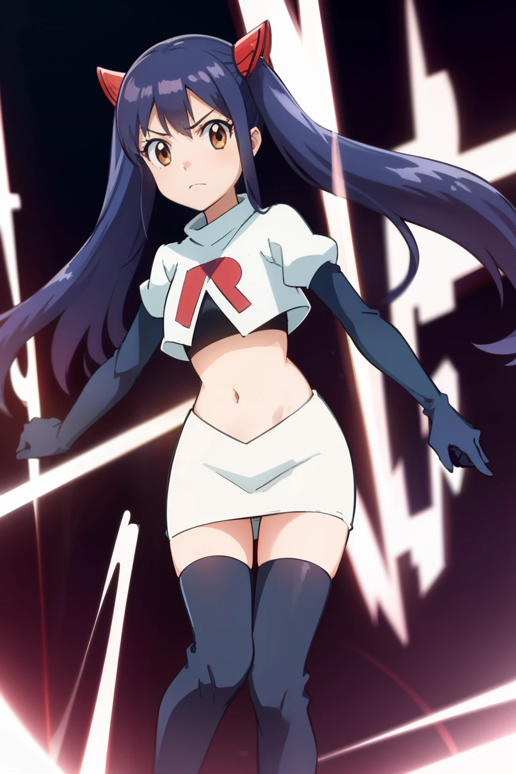 WENDY MARVELL, LONG HAIR, HAIR ORNAMENT, TWINTAILS, (BROWN EYES:1.2), BLUE HAIR, TATTOO, 1girl, solo, facing viewer, looking at viewer, team rocket uniform, red letter R, white skirt,white crop top,black thigh-highs,black elbow gloves