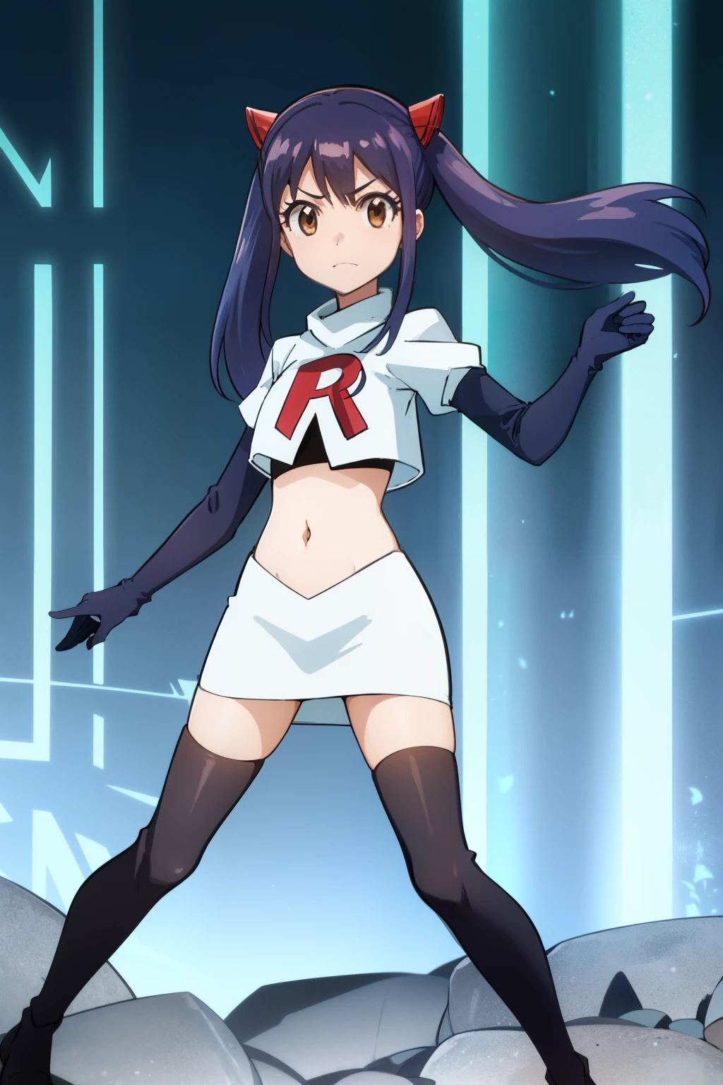 WENDY MARVELL, LONG HAIR, HAIR ORNAMENT, TWINTAILS, (BROWN EYES:1.2), BLUE HAIR, TATTOO, 1girl, solo, facing viewer, looking at viewer, team rocket uniform, red letter R, white skirt,white crop top,black thigh-highs,black elbow gloves