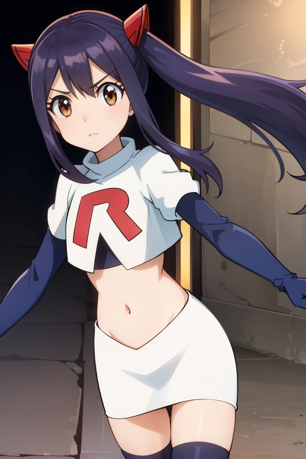 WENDY MARVELL, LONG HAIR, HAIR ORNAMENT, TWINTAILS, (BROWN EYES:1.2), BLUE HAIR, TATTOO, 1girl, solo, facing viewer, looking at viewer, team rocket uniform, red letter R, white skirt,white crop top,black thigh-highs,black elbow gloves
