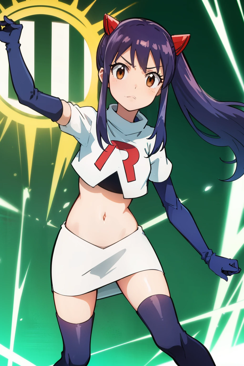 WENDY MARVELL, LONG HAIR, HAIR ORNAMENT, TWINTAILS, (BROWN EYES:1.2), BLUE HAIR, TATTOO, 1girl, solo, facing viewer, looking at viewer, team rocket uniform, red letter R, white skirt,white crop top,black thigh-highs,black elbow gloves