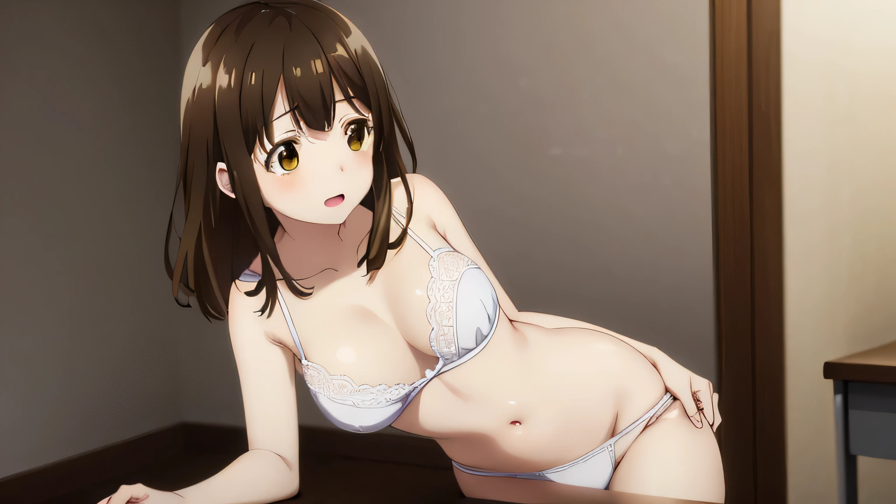 Sayuogiwara, Sayu Ogihara, brown hair, (brown eyes:1.5), medium hair, {{In the classroom}},{{In underwear}}, white lace bra,white lace panties、whole body,NSFW, ecstasy, (smile)、(beautiful breasts)、(((Press your crotch against the corner of the desk)))、