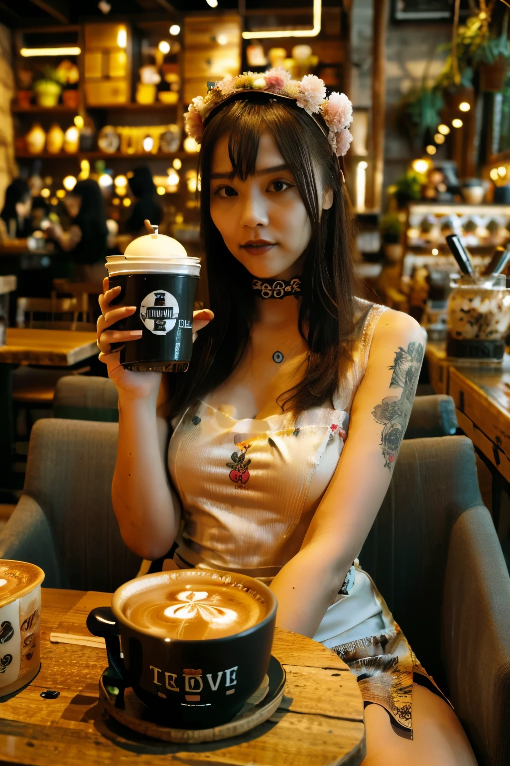 ((Benevolent voluptuous ((Laotian)) 18 yo barista)) sitting at wooden table while intently reading book, (wearing tight baristas uniform), wearing floral headpiece, tattoos on arms and legs, wearing smartwatch, high quality photo, sitting in the middle of the quiet (goth themed cafe with copious potted cannabis sativa plants) during golden hour, French press coffee on table