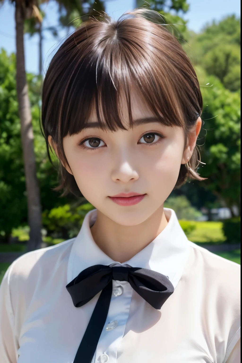 ((highest quality))、(masterpiece:1.4)、Raw photo、8K、((best image quality))、 ((highest resolution))、Beautiful face in every detail、very detailed、gentle expression、(one woman:1.3 )、realistic、フォトrealistic、(very short hair:1.4)、(Beautiful woman)、(cute japanese girl:1.3)、(mannish)、((Beautiful woman))、(beautiful hair)、((dark brown hair))、(((red cheeks)))、((her eyes are big))、20 year old beauty、(her face is small:1.7)、small head、((long neck))、white skin、spotless skin、With bangs、everyone admires、日本のBeautiful woman、(8 heads tall)、(dress shirt)、((ribbon))、((school uniform))、high school girl uniform、smile
