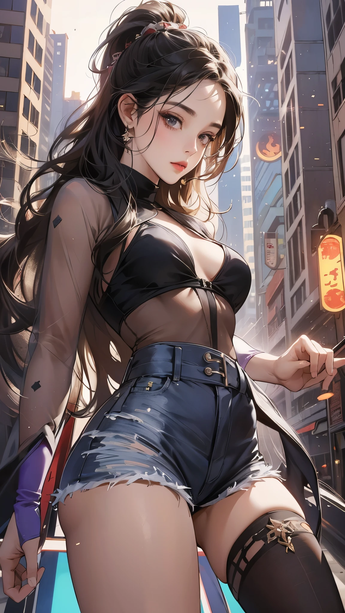 woman, (((from below))), busy city, foreshortening, (seductive pose), looking at viewer, mad, blackcutoffs, (eye contact), african, photorealistic, masterpiece, realistic, high contrast, hyper detailed, best quality, ultra high res, photorealistic, high resolution, detailed, raw photo,