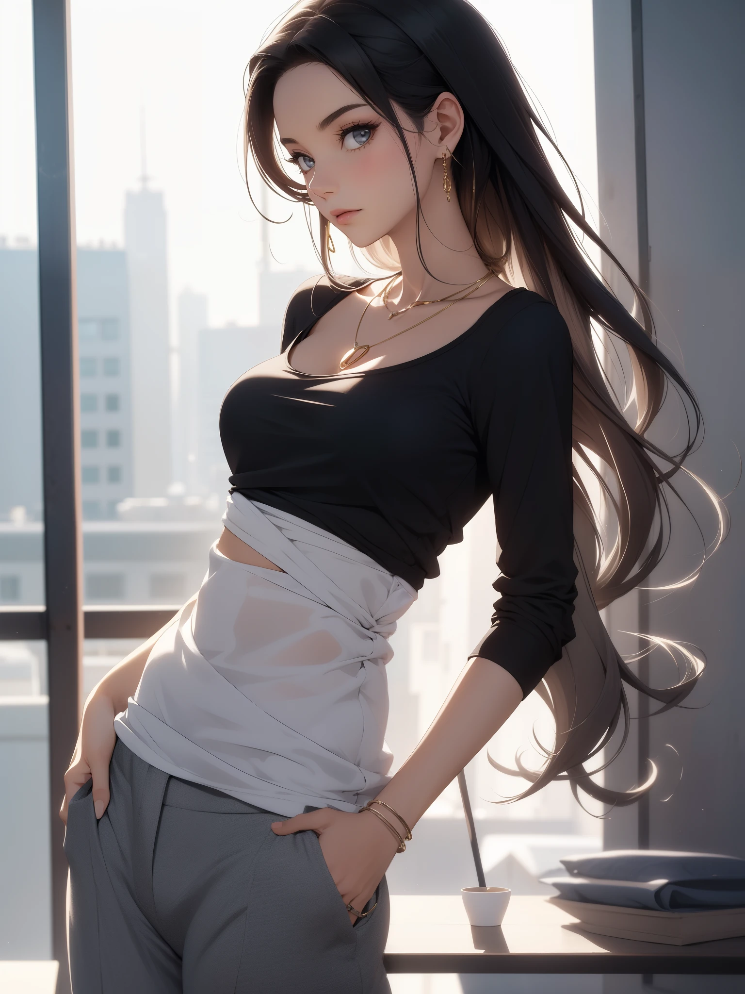 A woman with long hair standing in front of a window - SeaArt AI
