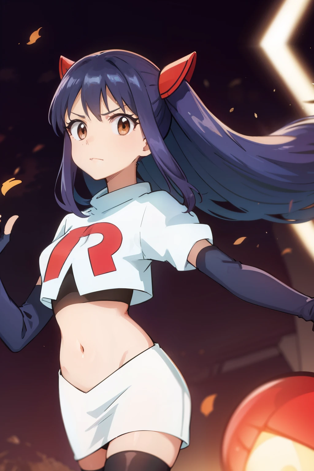 WENDY MARVELL, LONG HAIR, HAIR ORNAMENT, TWINTAILS, (BROWN EYES:1.2), BLUE HAIR, TATTOO, 1girl, solo, facing viewer, looking at viewer, team rocket uniform, red letter R, white skirt,white crop top,black thigh-highs,black elbow gloves