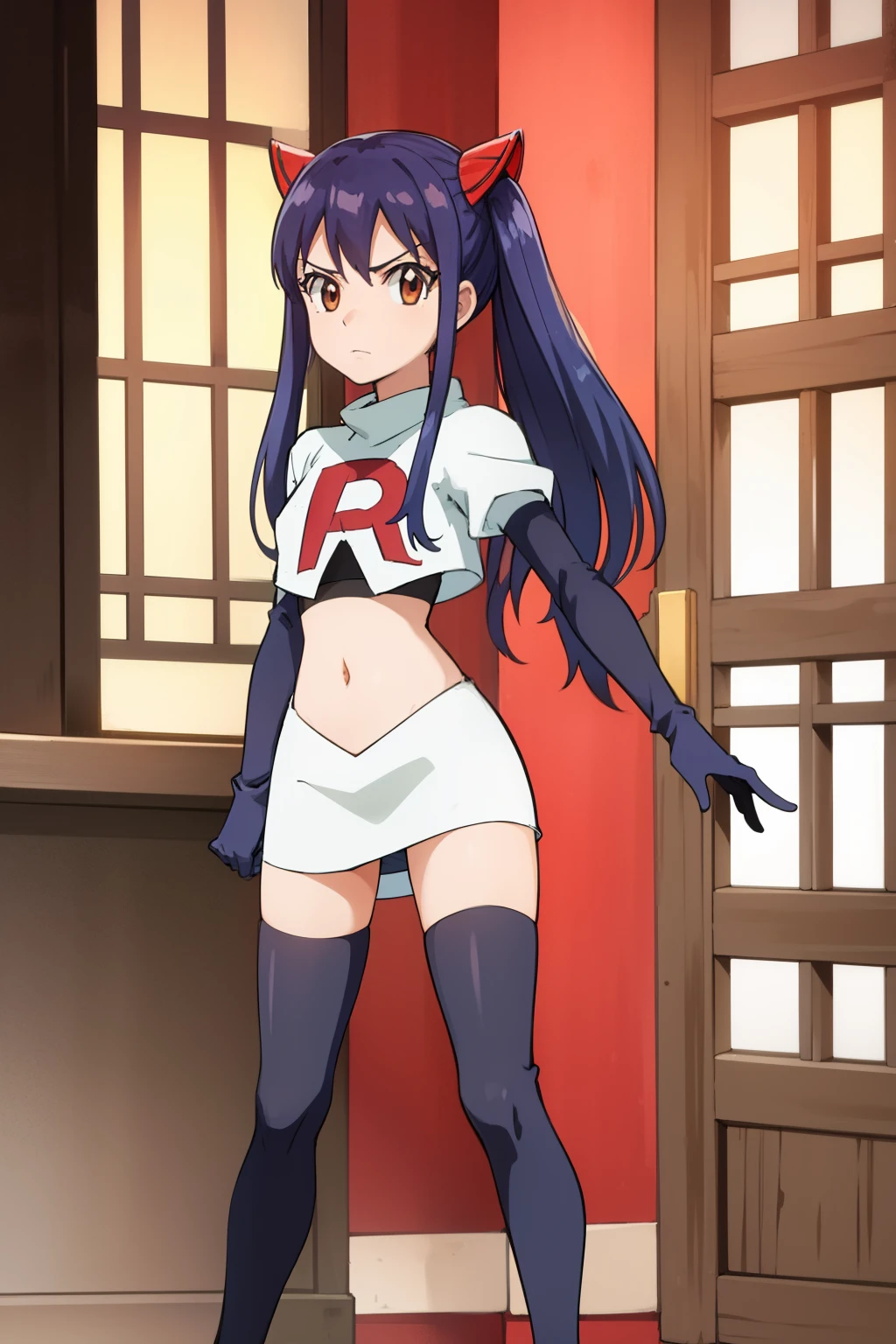 WENDY MARVELL, LONG HAIR, HAIR ORNAMENT, TWINTAILS, (BROWN EYES:1.2), BLUE HAIR, TATTOO, 1girl, solo, facing viewer, looking at viewer, team rocket uniform, red letter R, white skirt,white crop top,black thigh-highs,black elbow gloves