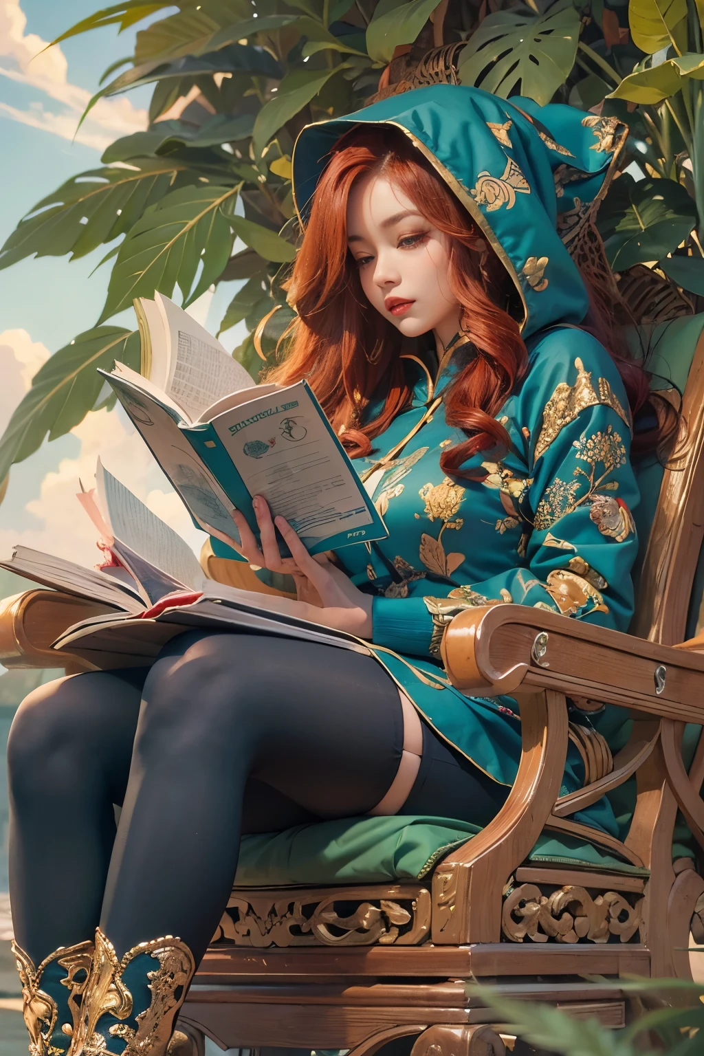 ((Benevolent voluptuous ((Vietnamese)) mother)) with (long curly red hair) sitting in an opulent throne while reading a popular manga, (wearing a short cropped blue-and-red hoodie with Sewn-in detailing), cannabis tattoos on arms and legs, (wearing bracelets and thigh high stockings), plump thighs, high quality photo, sitting in the middle of the (dense cannabis sativa beach) during golden hour