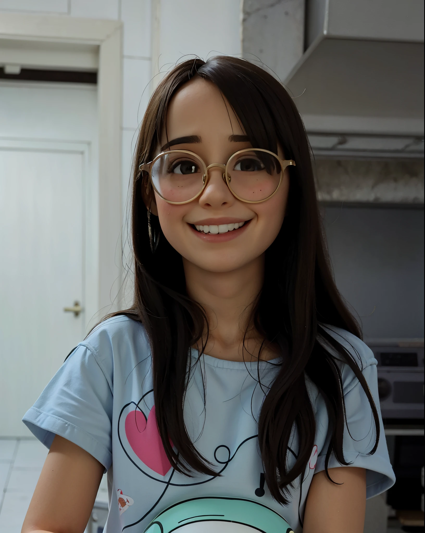 girl in round glasses, cute slightly nerdy smile, regular eyes