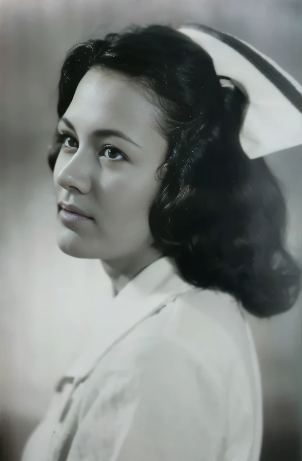 arafed Foto de una mujer in a nurse's hat and robe, in his early 20s, Foto de una mujer , Dolores Abernathy, Foto de una mujer, Foto de mujer joven, classic portrait, Nettie Wakefield, 1 9 4 0 fotos, foto de 1940, portrait photography, Foto temprana en blanco y negro., vintage closeup photograph