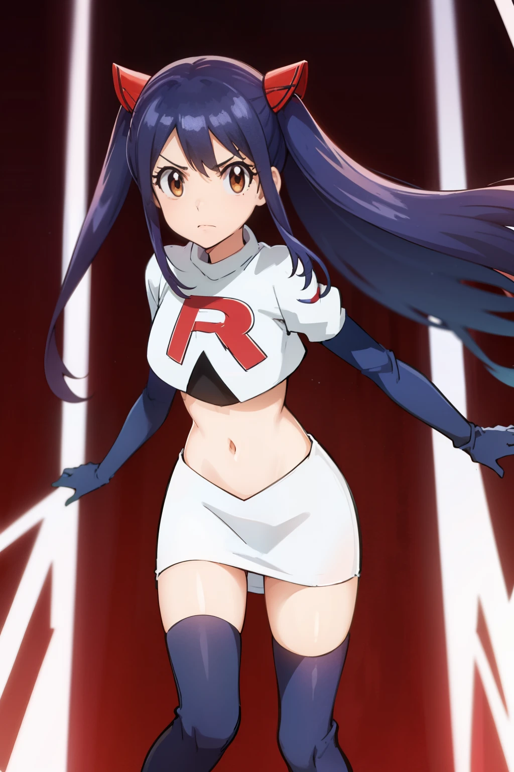 WENDY MARVELL, LONG HAIR, HAIR ORNAMENT, TWINTAILS, (BROWN EYES:1.2), BLUE HAIR, TATTOO, 1girl, solo, facing viewer, looking at viewer, team rocket uniform, red letter R, white skirt,white crop top,black thigh-highs,black elbow gloves